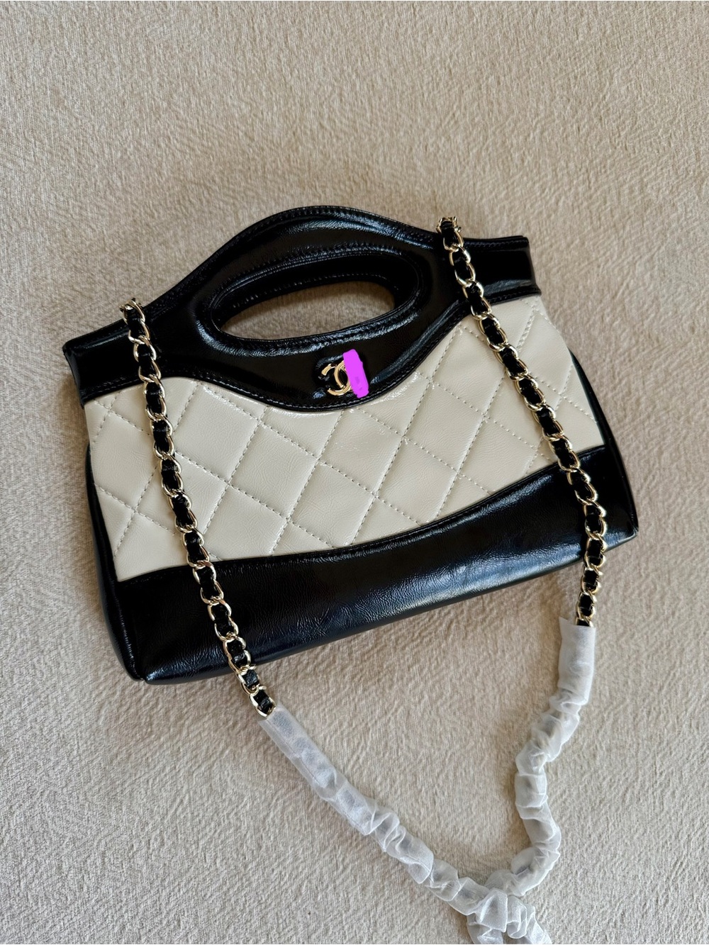 Quilted Black & White Top Handle & Chain Crossbody Inspired Designer Bag